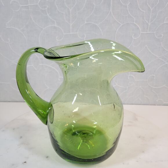 VTG Slung Glass Pitcher 7.25" Green Hand Blown Bubbles Wide Ribbon Mouth Handle - Picture 3 of 16